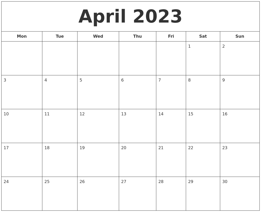 April 2023 Printable Calendar