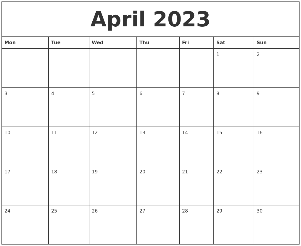 April 2023 Printable Monthly Calendar