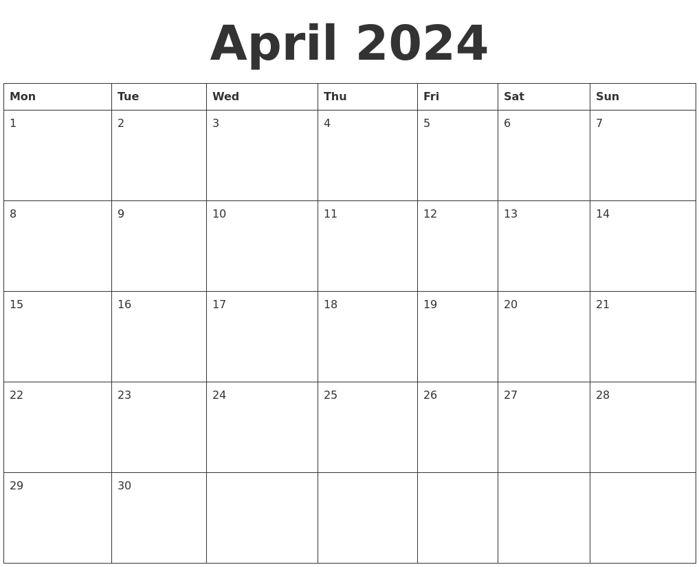 April 2024 Blank Calendar Template