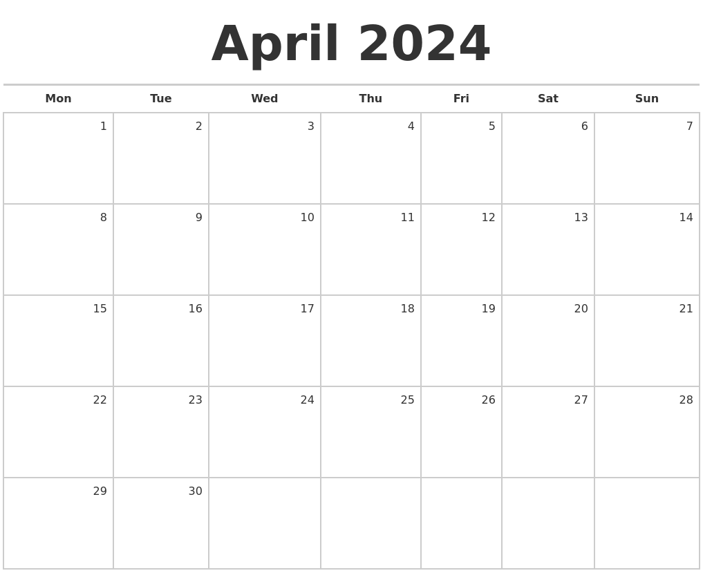Printable April 2024 Calendar Big Dates Vrogue