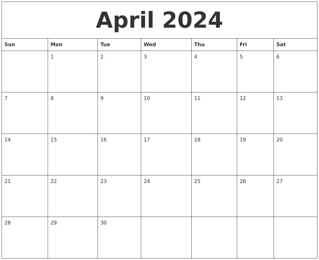 April 2024 Blank Monthly Calendar Template