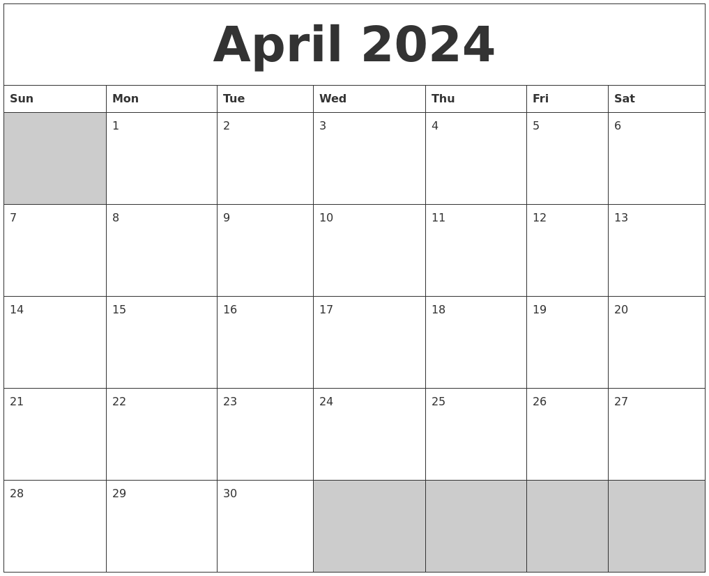 April 2024 Blank Printable Calendar