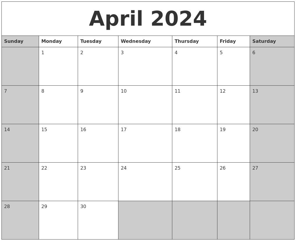 April 2024 Calanders