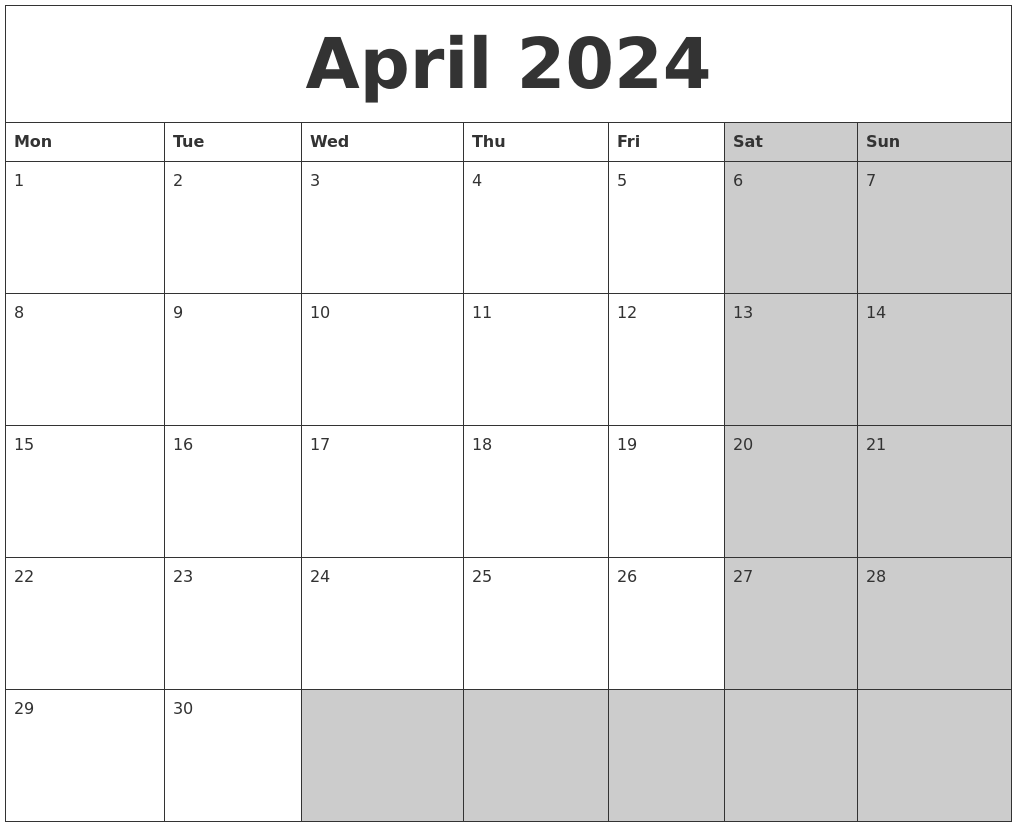 April 2024 Calanders