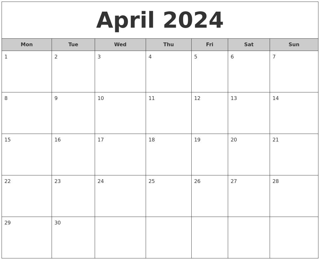 April 2024 Free Monthly Calendar