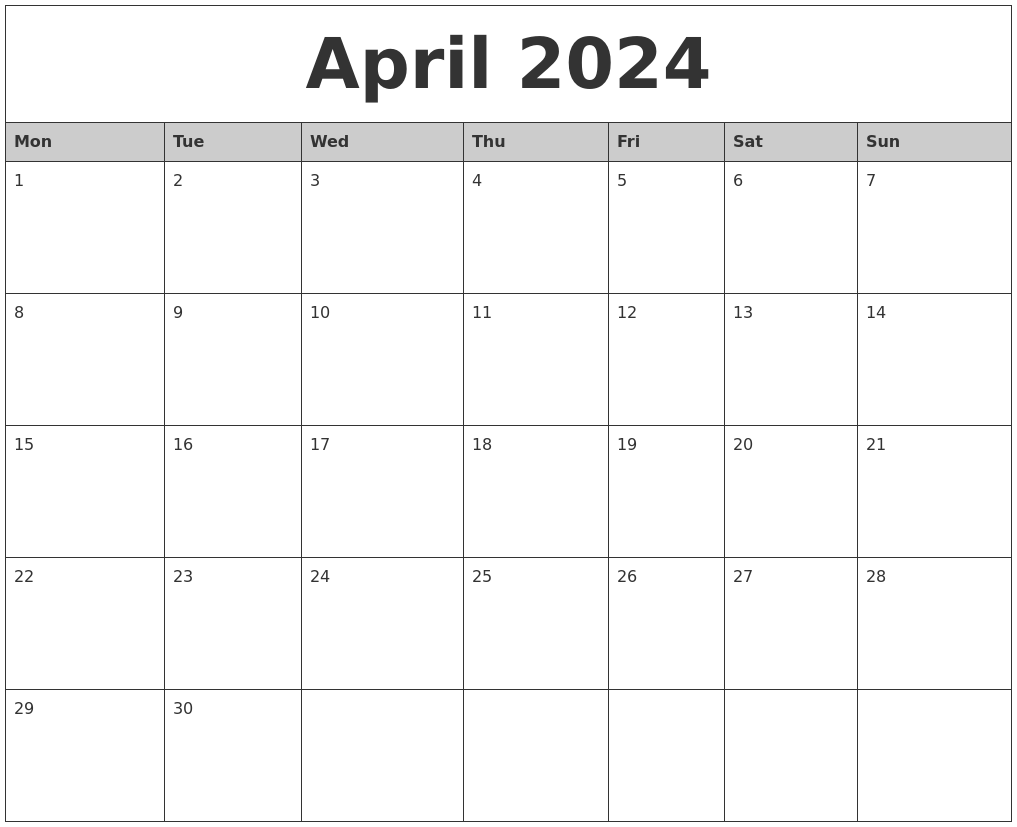 April 2024 Monthly Calendar Printable