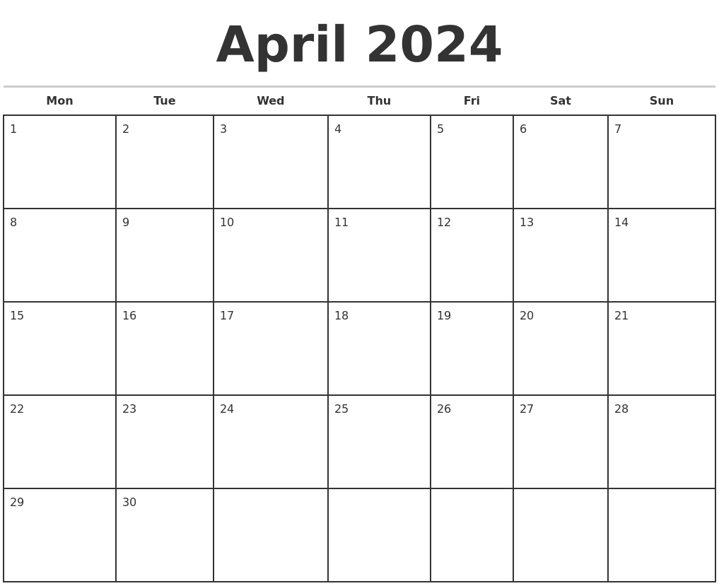 April 2024 Monthly Calendar Template