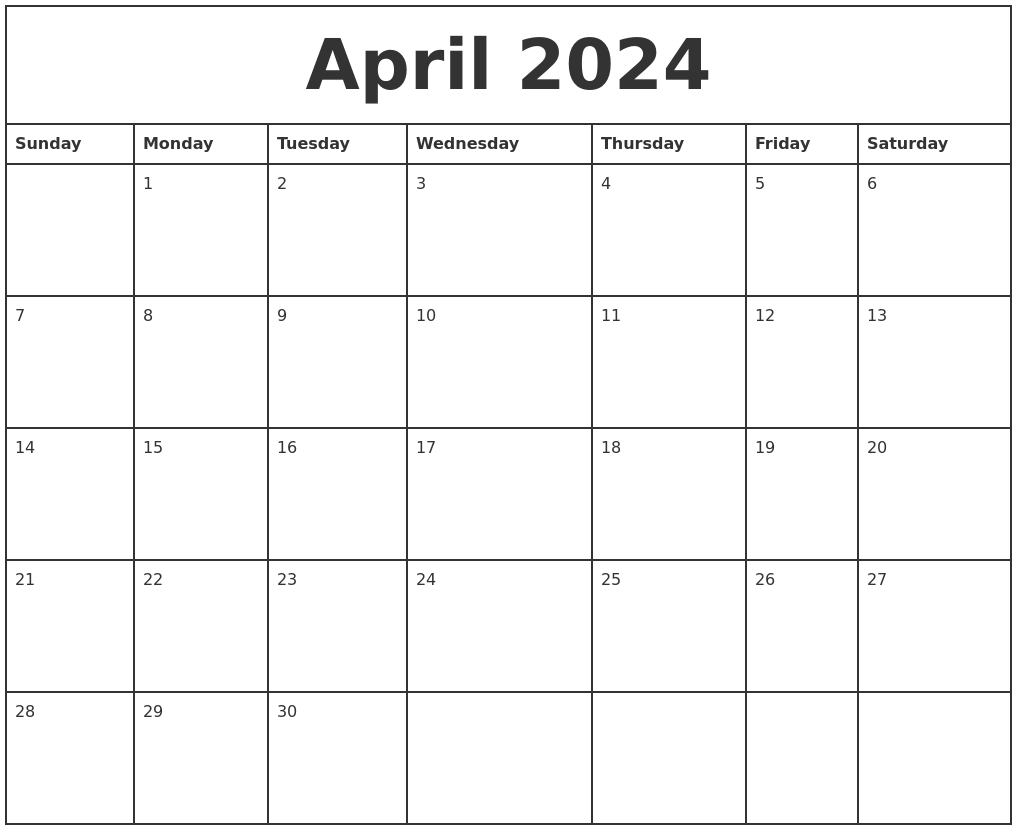 April 2024 Printable Monthly Calendar