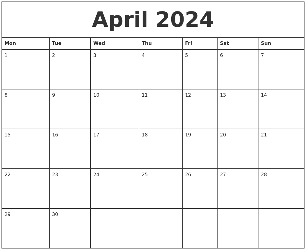 April 2024 Printable Monthly Calendar