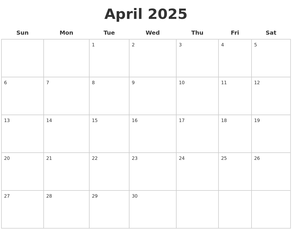 April 2025 Blank Calendar Pages