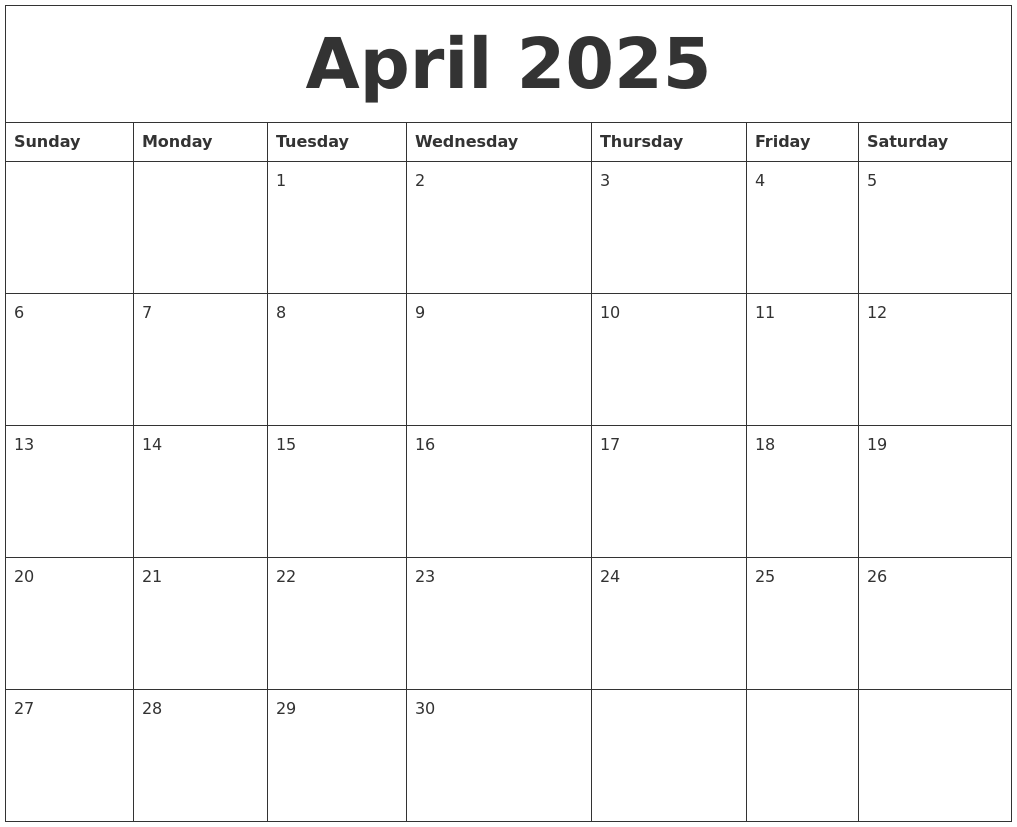 April 2025 Blank Monthly Calendar Template