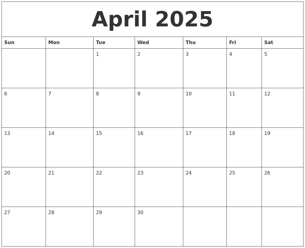 April 2025 Blank Monthly Calendar Template