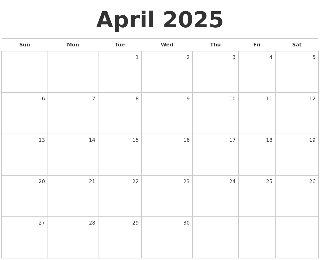 April 2025 Blank Monthly Calendar