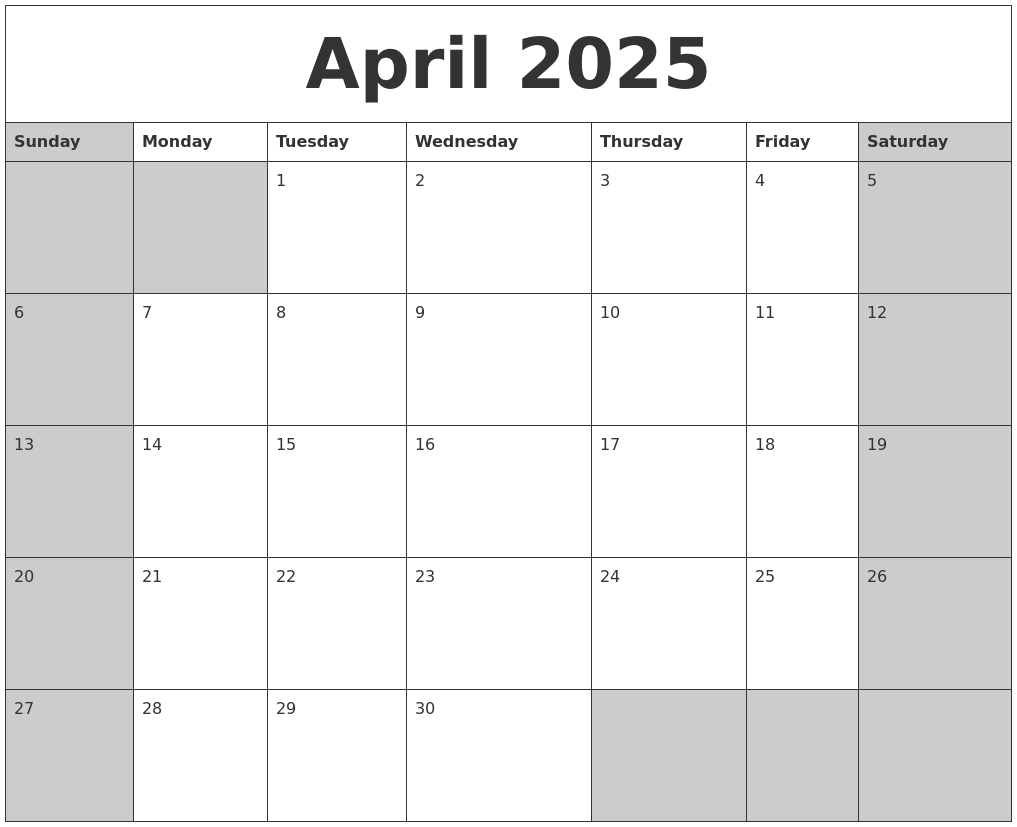 April 2025 Calanders
