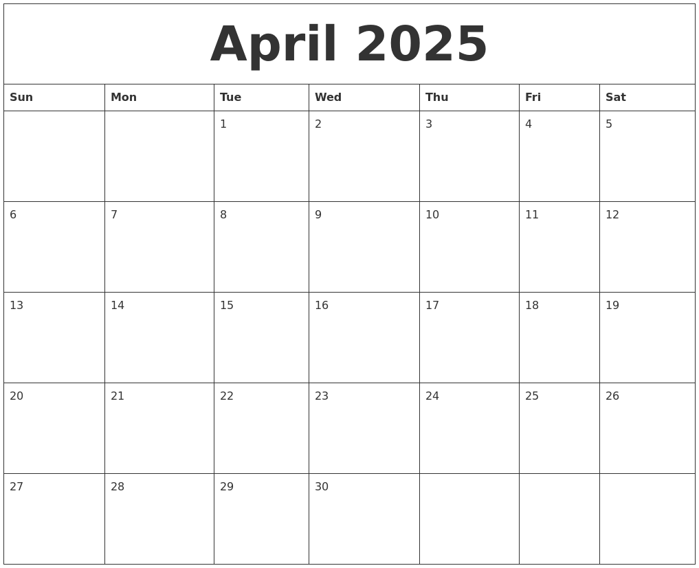 April 2025 Calendar Month