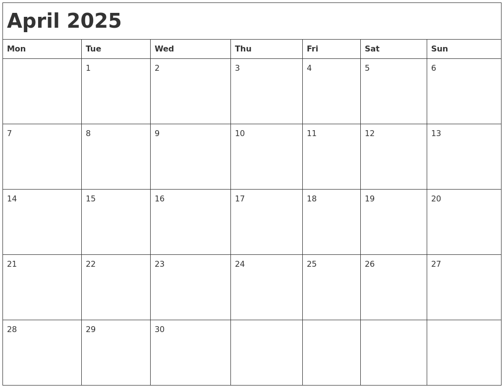 April 2025 Month Calendar
