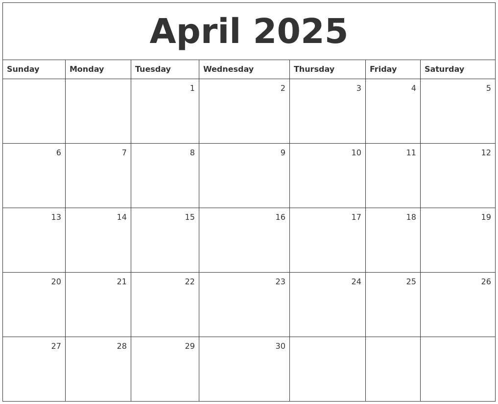 April 2025 Monthly Calendar