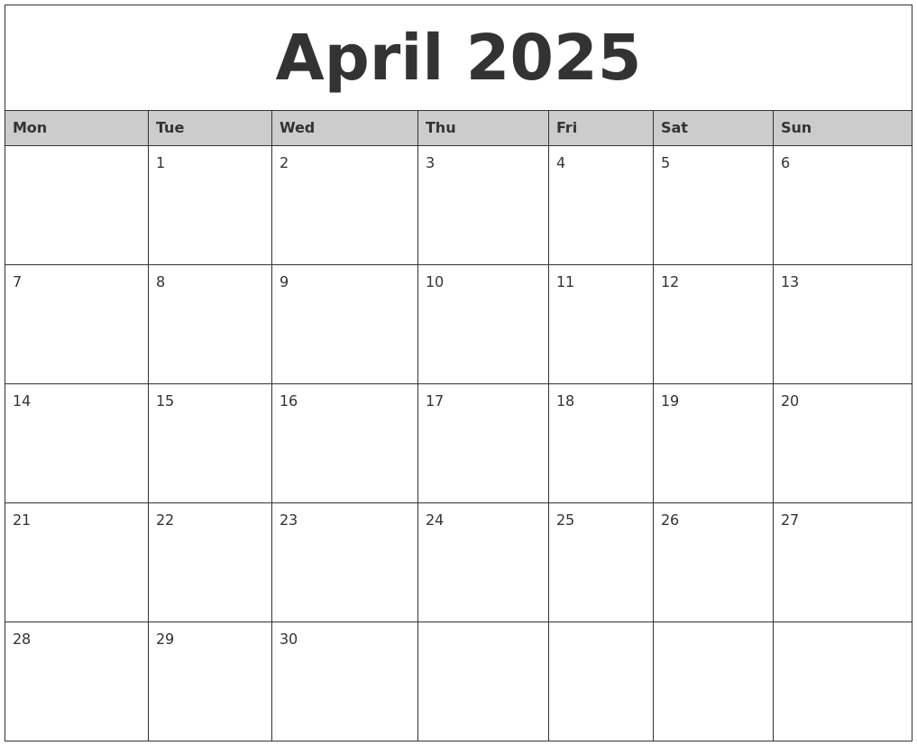 April 2025 Monthly Calendar Printable