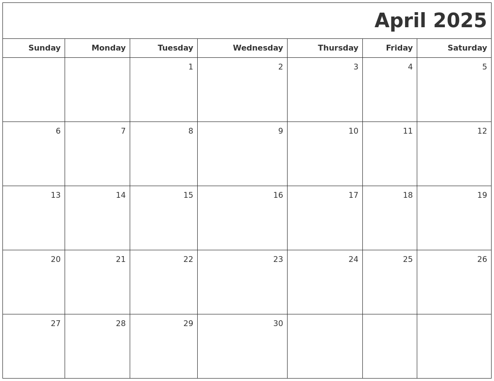 April 2025 Printable Blank Calendar