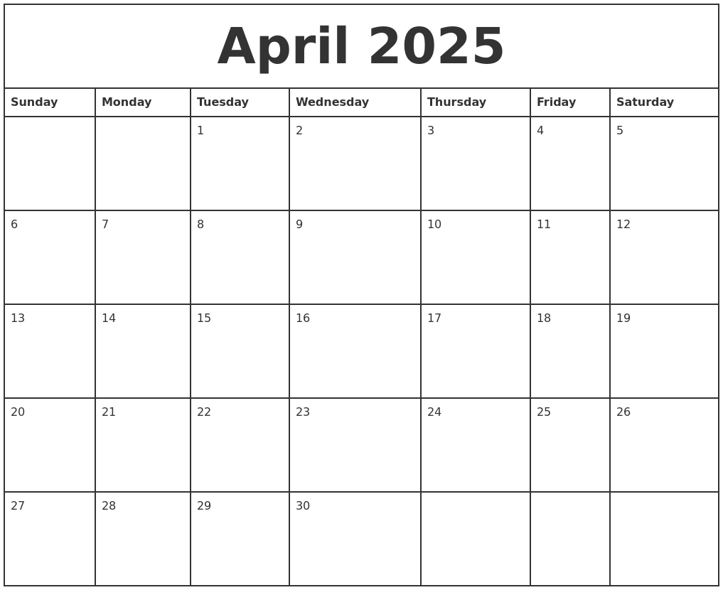 April 2025 Printable Monthly Calendar