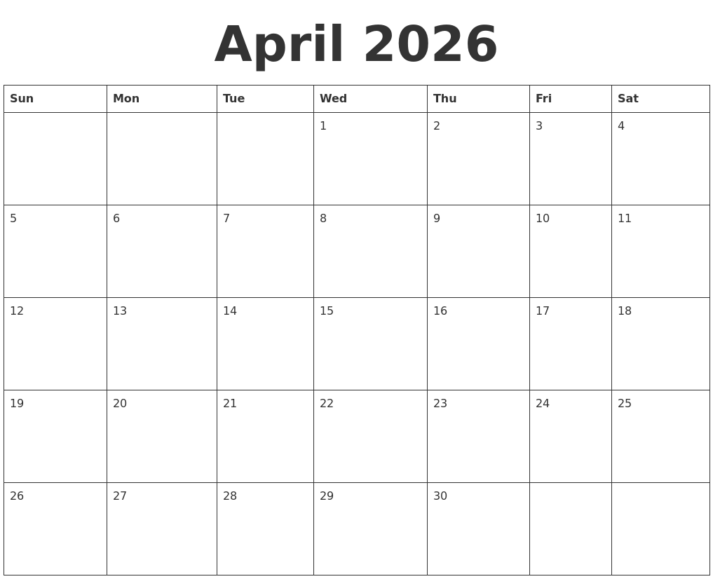 April 2026 Blank Calendar Template