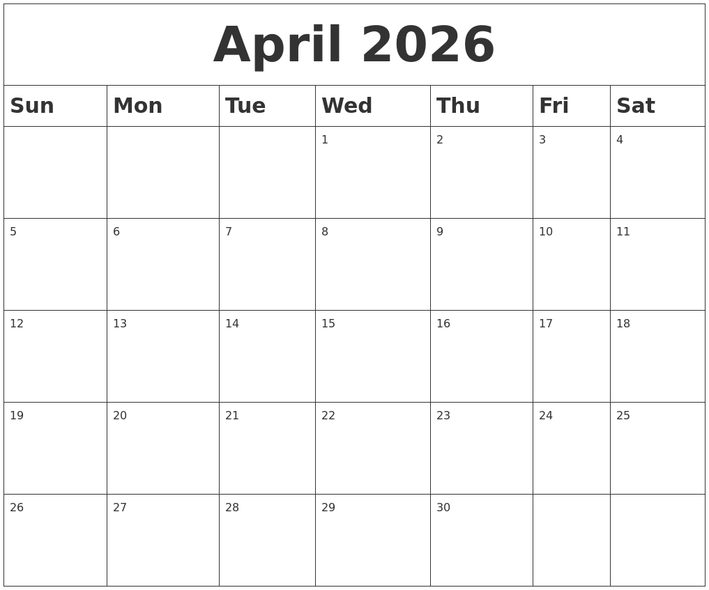 April 2026 Blank Calendar