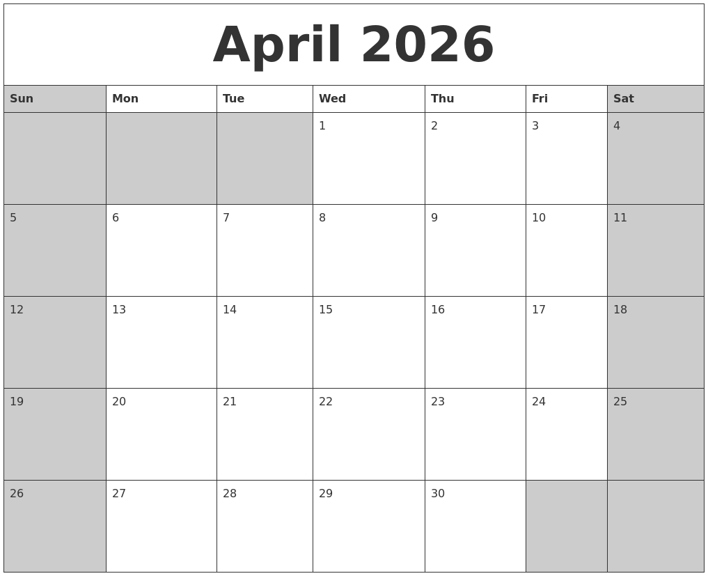 April 2026 Calanders