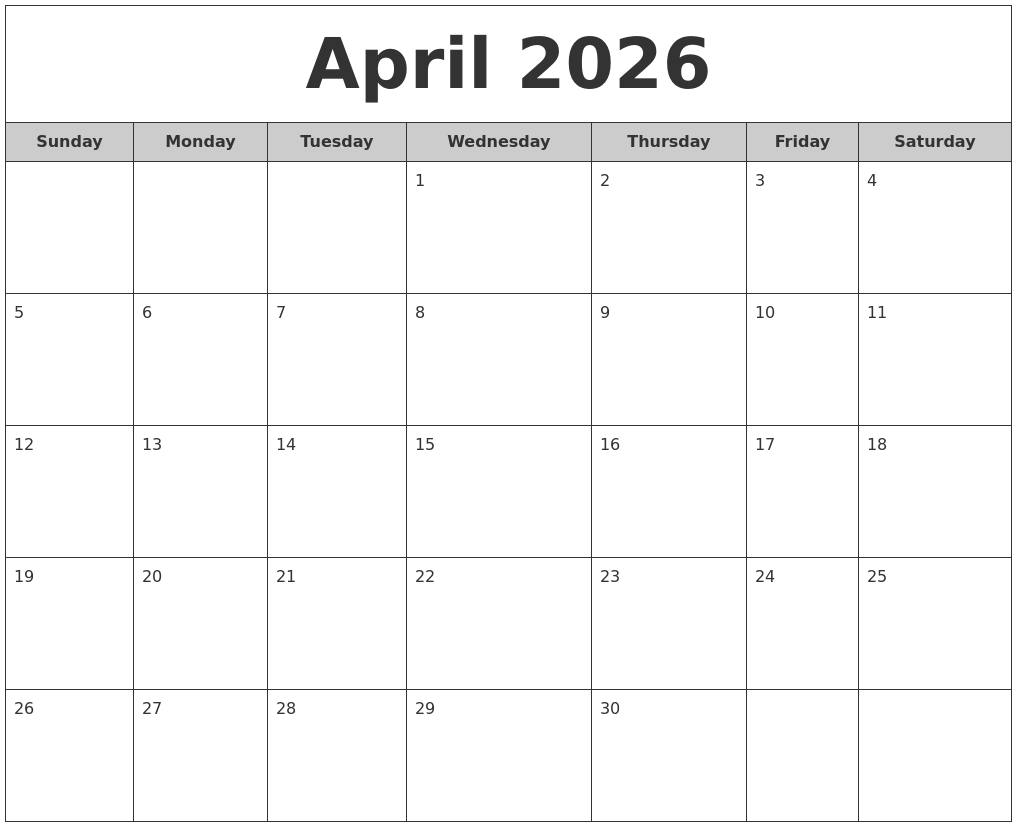 April 2026 Free Monthly Calendar