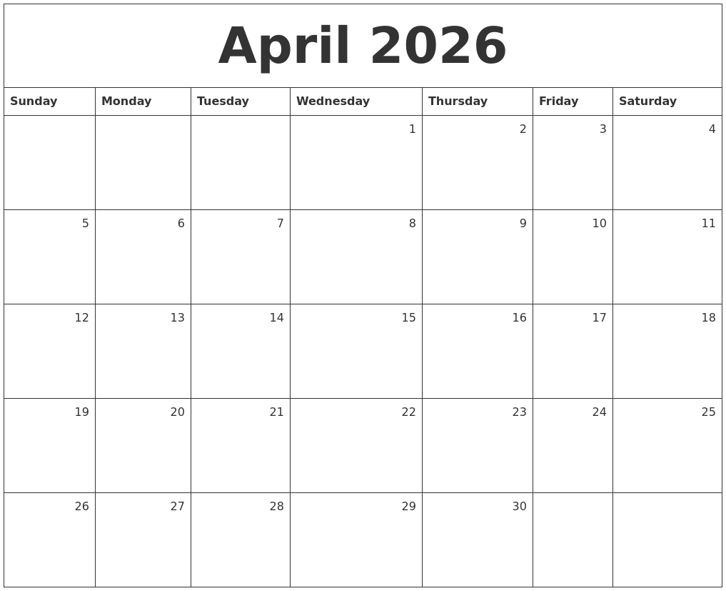 April 2026 Monthly Calendar
