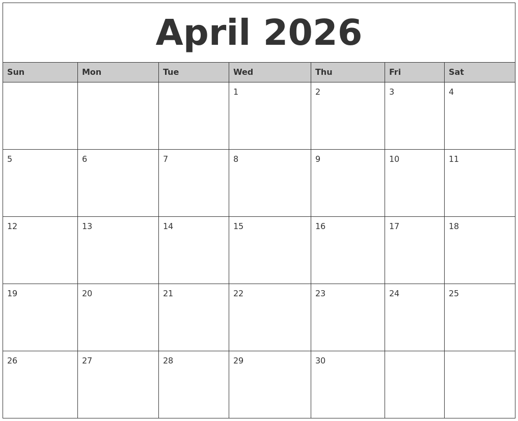 April 2026 Monthly Calendar Printable