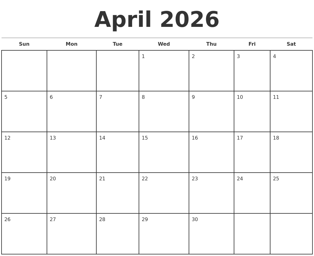 April 2026 Monthly Calendar Template
