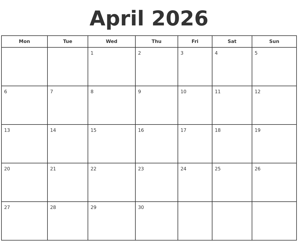 April 2026 Print A Calendar