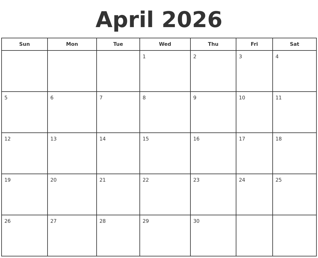 April 2026 Print A Calendar