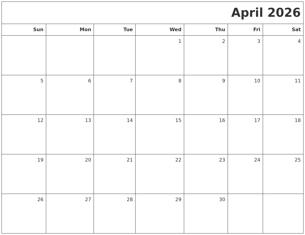 April 2026 Printable Blank Calendar