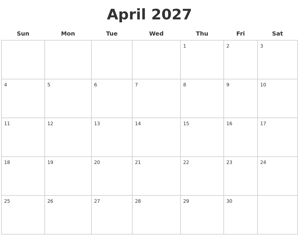 April 2027 Blank Calendar Pages