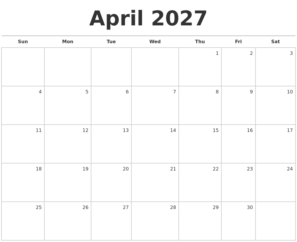 April 2027 Blank Monthly Calendar