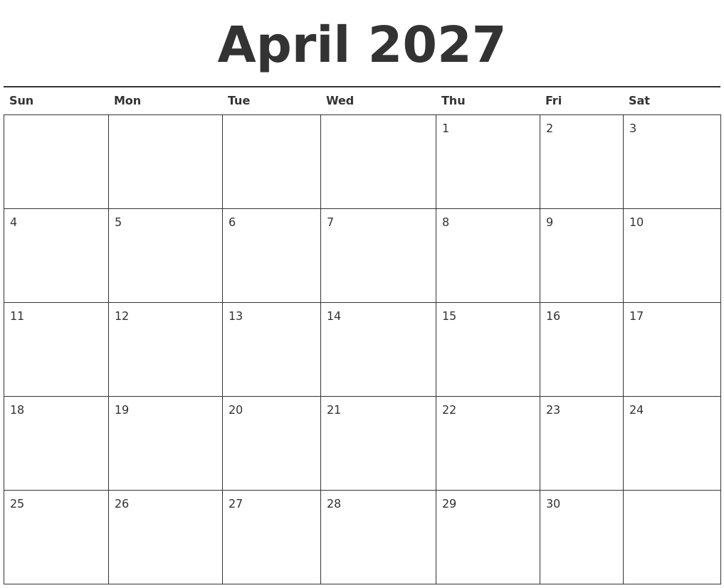April 2027 Calendar Printable