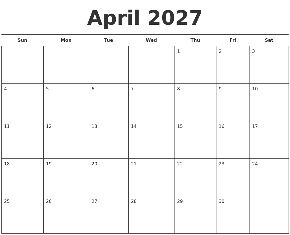 April 2027 Free Calendar Template