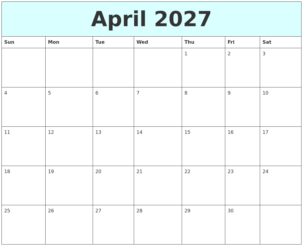 April 2027 Free Calendar