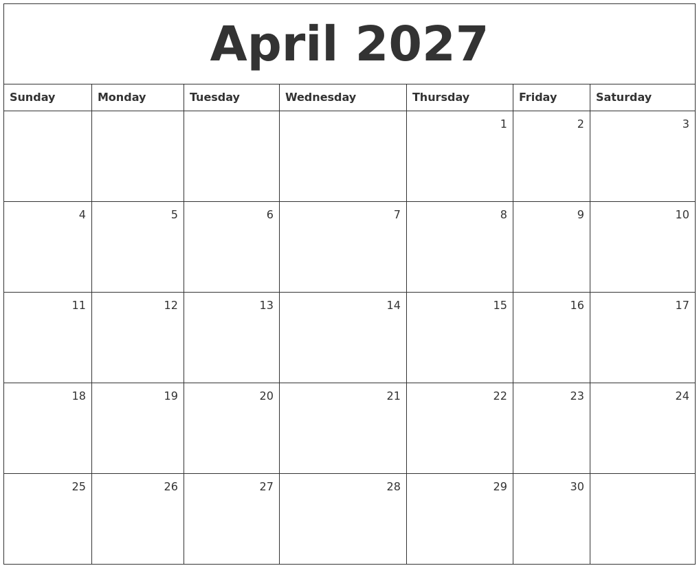 April 2027 Monthly Calendar