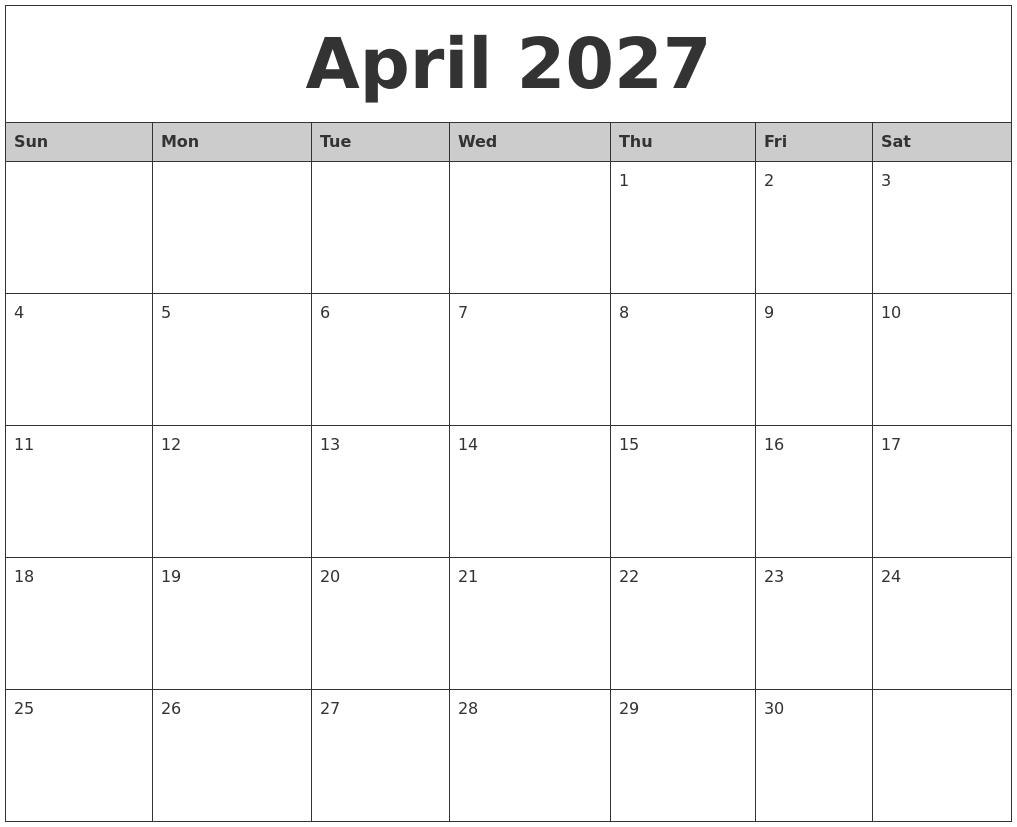 April 2027 Monthly Calendar Printable