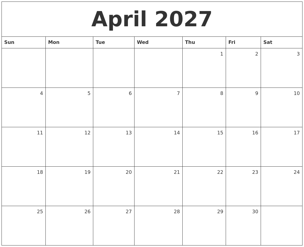 April 2027 Monthly Calendar