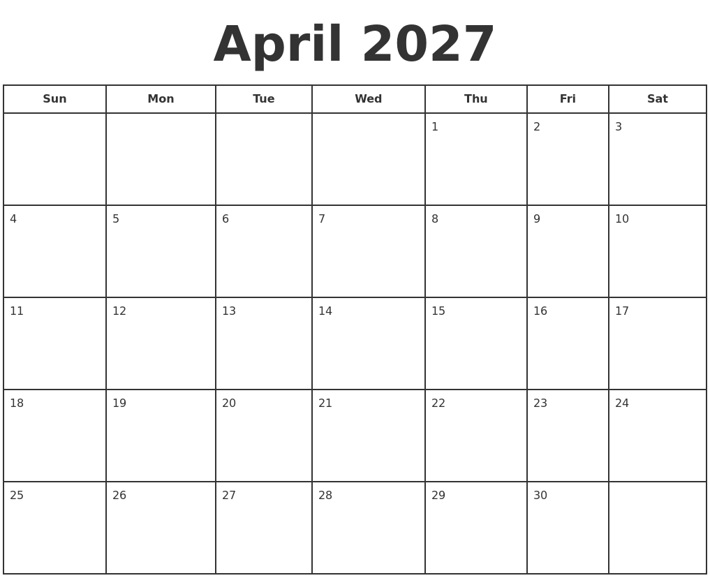 April 2027 Print A Calendar
