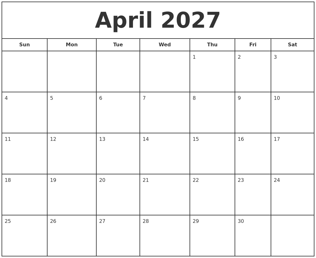 April 2027 Print Free Calendar