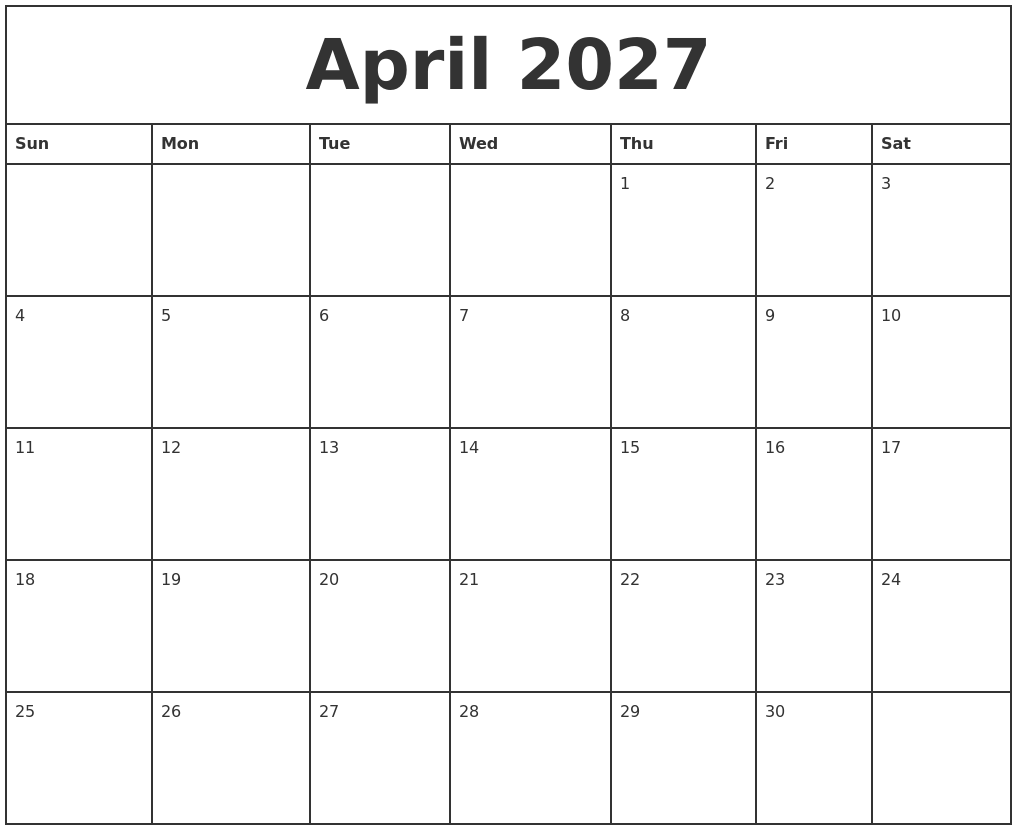 April 2027 Printable Monthly Calendar