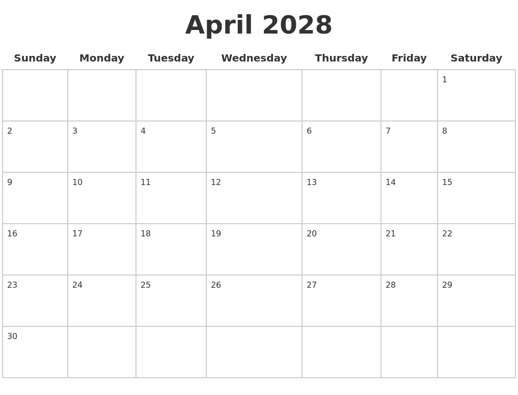 April 2028 Blank Calendar Pages