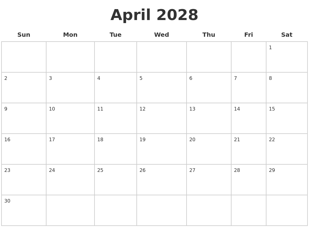 April 2028 Blank Calendar Pages