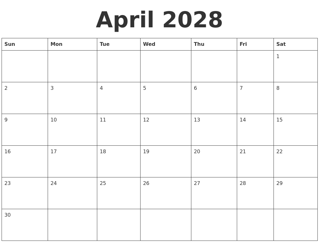 april 2028 blank calendar template