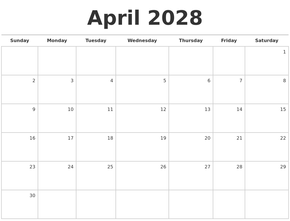 April 2028 Blank Monthly Calendar