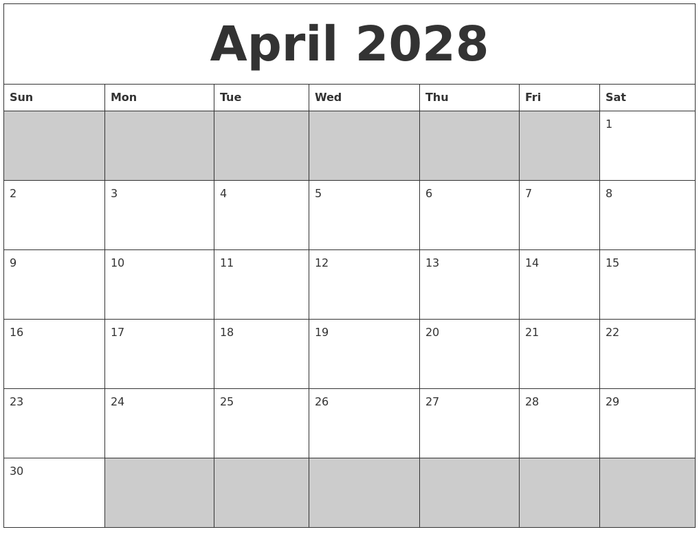 April 2028 Blank Printable Calendar